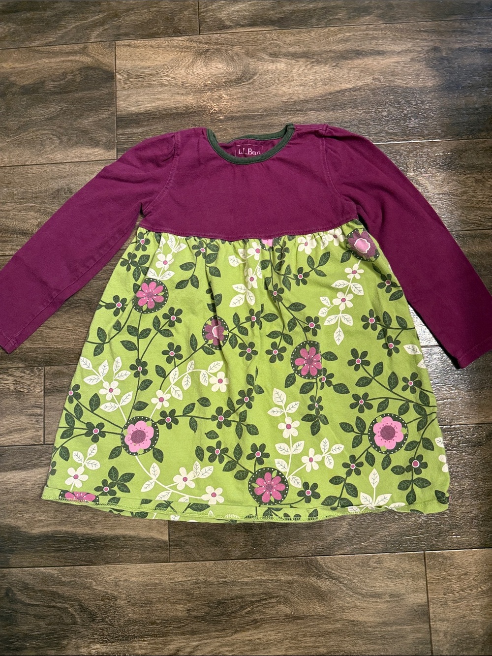 L.L. Bean Plum Top Green Floral Long-Sleeve Dress